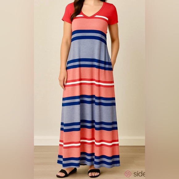 Chris & Carol Dresses & Skirts - Chris & Carol Striped Red White Navy Short Sleeve Casual Long Maxi Dress Size S